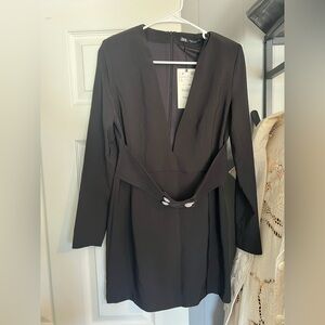 Zara Black Long-Sleeve V-Neck Belted Mini Dress with Button Detail